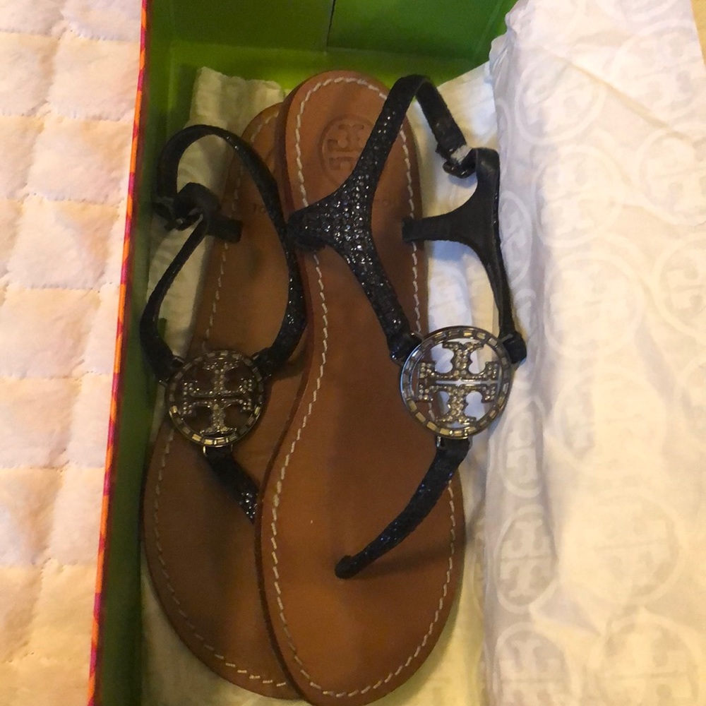 Tory Burch Sandals Navy Blue with Rhinestones